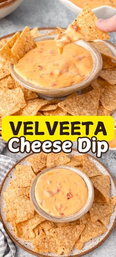 a plate filled with cheese dip and tortilla chips on top of the plate