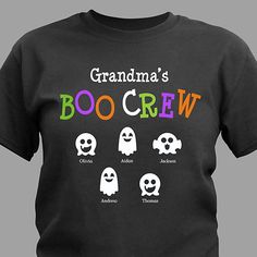 Celebrate Halloween in style with our Boo Crew Personalized Halloween Shirts. This personalized boo crew t-shirt makes a great gift for Mom, dad, Grandma & Grandpa. Personalize your Halloween t-shirt with any title and up to 30 names. Diy Halloween Shirts, Halloween Shirt Design, Cricut Halloween, Christmas T Shirt Design, Boo Crew, Personalized Grandma, Grandma Shirts, Vinyl Shirts, Halloween Shirts