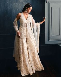 Ivory Floral Sharara Set Floral Sharara, Orang India, Seema Gujral, Sharara Designs, Sangeet Outfit, Crystal Embroidery, Gaun Fashion, Indo Western Dress, Indian Dresses Traditional