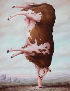 a painting of a brown and white cow jumping in the air with it's mouth open