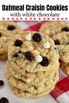 oatmeal raisin cookies with white chocolate are stacked on top of each other