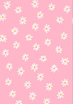 a pink background with white daisies and yellow dots on the bottom half of it