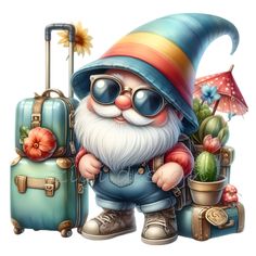 a cartoon gnome with sunglasses and luggage