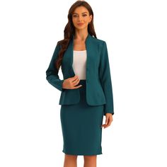 The pencil skirt complements the elegant business blazer perfectly and has a slimming effect that enhances your curves. This solid color 2-piece set has a collarless neckline that makes it more modern and sleek. You can also wear it on special or semi-formal occasions like weddings, church, business, interviews, parties, or any other important event. Suitable for spring, autumn, winter, and many occasions, such as formal occasions, interviews, business, office, daily work, meetings, churches, an Fitted Office Lady Blazer For Career, Fitted Business Pencil Skirt For Office Lady, Fitted Pencil Skirt For Formal Office Wear, Fitted Pencil Skirt Suit For Office Wear, Elegant Fitted Pencil Skirt For Business, Fitted Blazer For Office Lady, Fitted Formal Office Pencil Skirt, Fitted Skirt Suit With Notch Lapel For Business Casual, Tailored Pencil Skirt Suit For Office Wear