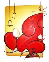 a painting of two red hearts hanging from strings with one heart in the other's mouth