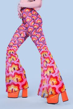 Flower Power Violet Bell Bottom Pants – BADINKA Colorful Rave Outfit, Flare Pants Boho, Unique Rave Outfits, Rave Outfits Women, Boho Festival Outfit, Rave Pants, Rave Babe, Mesh Pants, Austin Powers