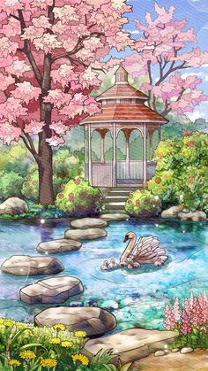 a painting of a gazebo and swans in a pond