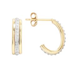 Just what you need. Featuring J-shaped hoops lined with diamond accents, these 18k gold-over-sterling silver earrings are essential to any woman's wardrobe. Polish every look with these Diamond Mystique hoop earrings. Earrings come in a gift box. Details:  1/2-in. length Pierced Post backings 18k gold over sterling silver Model no. SDF21553Y Image(s) may be enlarged to show detail. Diamond weights are approximate. Diamond total weights may vary between .01 and .08 ct. Some diamonds have fewer th Gold Hoop Diamond Earrings Channel Set, Gold Small Hoop Earrings With Channel Set, Gold Small Hoop Diamond Earrings Channel Set, Silver Model, Presents For Mom, Diamond Hoop Earrings, Jewelry Earrings Hoops, Gold Hoop, Silver Diamonds