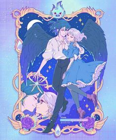 two anime characters are hugging in front of an ornate frame with stars and moon on it