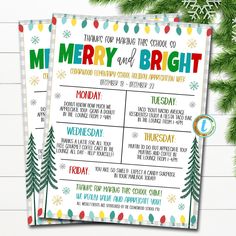 merry and bright printable christmas party game with pine trees, snowflakes and lights