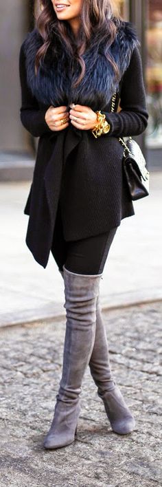 Rok Outfit, Winter Date Night Outfits, Thigh Boots, Neue Outfits, Trendy Street Style, Grey Boots, Street Style Winter