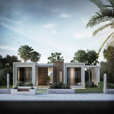 an artist's rendering of a modern house with palm trees in the front yard