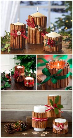 some candles are made out of sticks and wrapped in ribbon