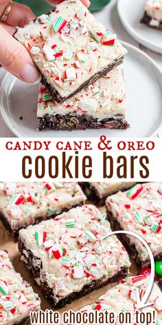 candy cane and oreo cookie bars with white chocolate on top are the perfect treat for christmas