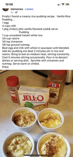 three bowls filled with food sitting on top of a counter next to a box of jello