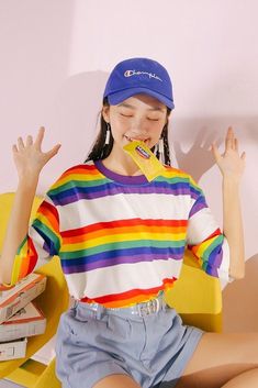 WHITE MULTICOLOR T-SHIRT🌈 | Sour Puff Shop Gay Outfits, Queer Shirt, Rainbow Outfit, 80s Outfit, Pride Outfit, Rainbow Shirt, Striped T Shirt, Tyler The Creator, Kpop Outfits