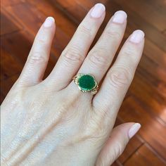 Description: 14k Solid Yellow Gold Round Green Jade Ring Item No.: R00025 Metal Type: 14k Real Gold, Not Filled Or Plated. (Stamped "18k" But Only Pass Our 14k-16k Test, So We Have This For Sale As 14k Gold ) Metal Color: Yellow Gold Type Of Stone: Glass B Jade And Cubic Zirconia Measurement: Size 7. Jade: 10 Mm Approximate Weight: 2.72 Gram(S) Brand New With Box, Never Worn, Heirloom Emerald Ring In Yellow Gold With Diamond Cut, Classic Yellow Gold Emerald Ring With Accent Stones, Fine Jewelry Emerald Ring In Cushion Cut Yellow Gold, Fine Jewelry Yellow Gold Cushion Cut Emerald Ring, Exquisite 14k Yellow Gold Emerald Ring, Exquisite Yellow Gold Emerald Ring With Gemstone, Yellow Gold Cushion Cut Emerald Ring Gift, Cushion Cut Yellow Gold Emerald Ring As Gift, Cushion Cut Emerald Ring In Yellow Gold