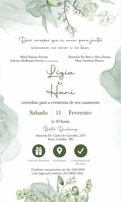 a white and green wedding card with flowers on the front, in watercolors