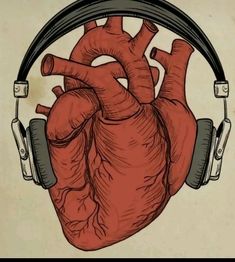 a drawing of a human heart wearing headphones