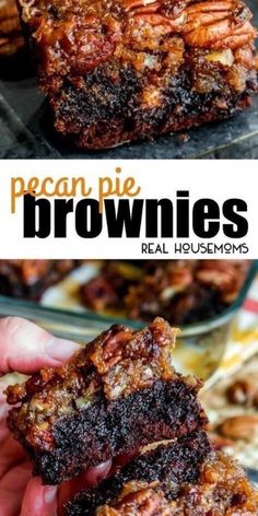 pecan pie brownies are stacked on top of each other and ready to be eaten