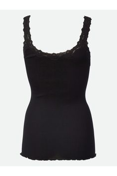 A timeless, year round essential for every woman's wardrobe is the Babette Silk Tank Top. It's feminine style features lace around the neckline and a curly hemline. The soft silk blend is comfortable for all seasons. Wear it alone or under a blouse, sweater or blazer. Imported from Denmark Made of 70% silk and 30% cotton Hand wash Elegant Black Tops With Scalloped Lace, Elegant Black Top With Scalloped Lace, Elegant Black Scalloped Lace Top, Elegant Fitted Lace Top With Crochet Trim, Daywear Scalloped Lace Fitted Tops, Fitted Scalloped Lace Tops For Daywear, Elegant Lace Top With Crochet Trim, Elegant Black Tops With Contrast Lace, Fitted Solid Camisole With Lace Trim