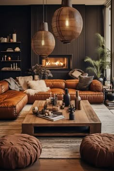 a living room filled with lots of brown furniture