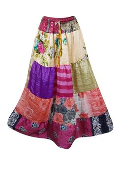 Womens Pink Multi Floral Beautiful Maxi Skirt Patchwork Boho Skirts S/M/L Hippie Multicolor Maxi Skirt, Multicolor Floral Print Skirt For Festival, Festival Multicolor Floral Print Skirt, Multicolor Bohemian Maxi Skirt For Festivals, Bohemian Multicolor Maxi Skirt For Festivals, Bohemian Maxi Skirt For Summer Festivals, Traditional Multicolor Maxi Skirt, Traditional Multicolor Flowy Maxi Skirt, Multicolor Floral Patchwork Tiered Maxi Skirt