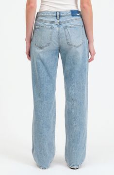 Low-stretch denim in the perfect light wash elevates these vintage-inspired jeans designed with straight legs and an always-on-trend high waist. 31" inseam; 18" leg opening; 12" front rise; 15" back rise (size 29) Zip fly with button closure Five-pocket style 69% cotton, 30% organic cotton, 1% spandex Machine wash, tumble dry Imported Vintage Washed Straight Leg Bottoms, Light Wash Non-stretch Straight Leg Jeans, Light Wash Pre-washed Straight Leg Jeans, Non-stretch Straight Leg Medium Wash Jeans, Straight Leg Pre-washed Jeans In Washed Blue, High Waist Straight Leg Jeans, First Place, Designer Jeans, Stretch Denim