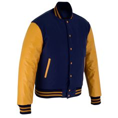 Varsity Letterman Baseball Navy Blue Wool and Gold Genuine Leather Sleeves Jacket with Gold Trims If your required Size & Color Combination is not listed then please contact with us We will respond you as soon as possible the estimated time is 12 Hours, All Sizes & Color Combinations are Available. The quality of the varsity jacket is the finest in the field. 100% high quality Wool. A fine quilt lining with Wool trimmed inside pocket are all part of the complete package. Each varsity jacket desi Classic Navy Outerwear For College, Blue Long Sleeve Outerwear With Contrast Stitching, Classic Navy Varsity Jacket For College, Varsity Jacket Design, Leather Sleeve Jacket, School Jacket, Varsity Letterman Jackets, Retro Sports, Leather Sleeves