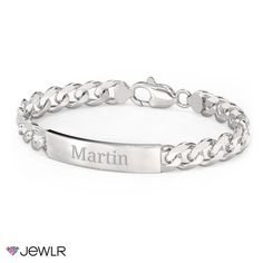 Identify yourself, remember a loved one, or display a special date with this classic engravable ID bracelet. Handcrafted in sterling silver, this 7.5" men's bracelet features a curb-link chain secured with a lobster clasp for just the right fit. Classic Stainless Steel Chain Bracelet, Classic Silver Charm Bracelet For Everyday, Classic Adjustable Customizable Jewelry, Classic Charm Bracelet As Gift, Classic Silver Charm Bracelet, Elegant Engraved Stainless Steel Bracelets, Classic Personalized Stainless Steel Chain Bracelet, Elegant Engraved Stainless Steel Bracelet, Elegant Stainless Steel Engraved Bracelets