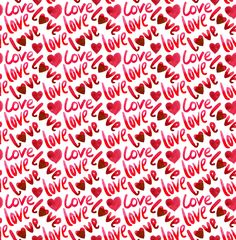 the word love is written in red and brown hearts on a white background with pink outlines