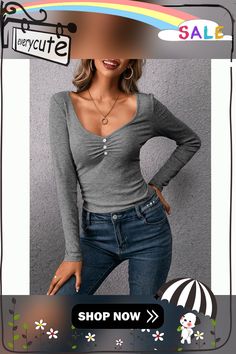 Dark Gray Ribbed Button Detail V Neck Long Sleeve Top Gray V-neck Tops With Button Closure, Gray V-neck Top With Buttons, V Neck Long Sleeve Top, Tops Long Sleeve, Top Women, Button Detail, Women Tops, Long Tops, Long Sleeve Top