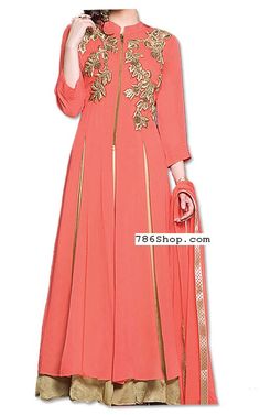 Peach/Pink Chiffon Suit | Buy Pakistani Indian Dresses Pink Fitted Chiffon Sets, Fitted Pink Chiffon Set, Pink Long Georgette Sets, Pink Long Georgette Dress, Long Pink Georgette Sets, Peach Georgette Party Dress, Peach Wedding Sets For Summer, Orange Sets For Spring Wedding, Spring Wedding Orange Sets