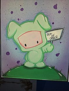 a painting of a green creature holding a sign that says out of order on it