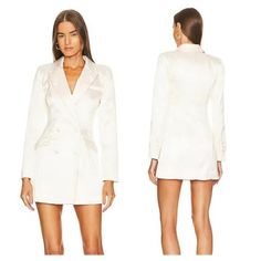 Michael Costello X Revolve Telma Blazer Dress - White 97% Polyester, 3% Spandex Hand Wash Fully Lined Double Breasted Front Button Closure Notched Lapels Buttoned Cuffs Front Flap Pockets Midweight Sateen Fabric Never Worn, New $270 Retail Yes We Bundle! We Cannot Advise On Sizing Or Fit, Thank You Michael Costello Revolve Rumer Katie May Sau Lee 712 Michael Costello Dress, Sau Lee, Katie May, Ice Dresses, Long Sleeve Velvet Dress, Michael Costello, Revolve Dresses, Light Blue Dresses, Purple Mini Dresses