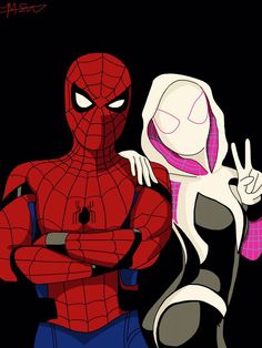 spider - man and the amazing spider - man are standing together in front of a black background