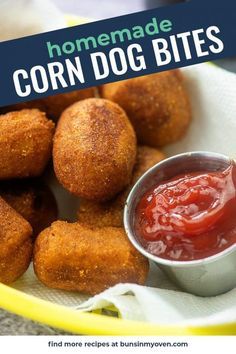 homemade corn dog bites with ketchup in a bowl on the side and text overlay that reads homemade corn dog bites