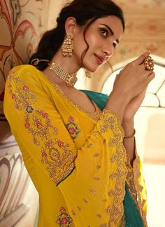 Yellow And Green Lehenga Suit Yellow And Green Lehenga, Mustard Lehenga, Kurta Cotton, Lehenga Suit, Yellow Suit, Green Lehenga, Unstitched Dress Material, Lehenga Online, Lehenga Style