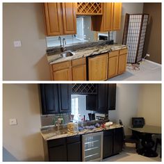 two pictures of a kitchen with granite counter tops