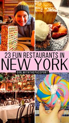 there are pictures of new york with the words, 23 fun restaurants in new york