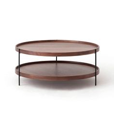 two tiered coffee table with metal legs and wooden trays on each side, against a white background