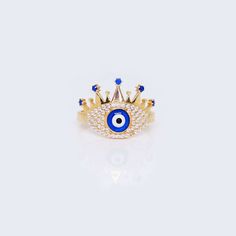 14K Gold Crown Evil Eye Ring Cubic Zirconia Stones Crown Finger Tattoo, Finger Tattoo, Gold Face, Evil Eye Ring, Crown Design, Yellow Stone, Gold Crown, Eye Ring, White Gold Band