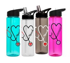 three water bottles with hearts and stethoscopes on them