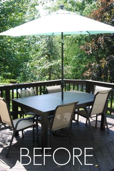 an outdoor table with chairs and an umbrella over it that says,'before '