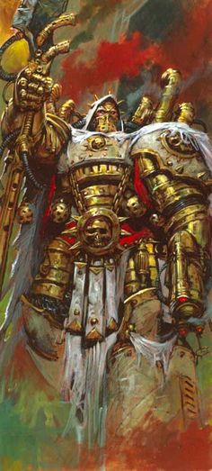 an image of a painting of a warhammer with two men on it's back