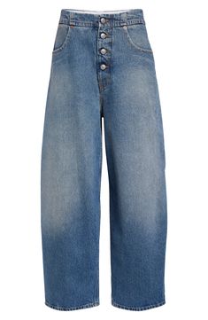 Galliano channels '90s looks in these nonstretch-denim jeans crafted with voluminous legs and an exposed button fly. Exposed button fly Five-pocket style 100% cotton Machine wash, dry flat Imported Designer Clothing Baggy Wide Leg Jeans With Button Closure, Baggy Denim Jeans With Buttons, Relaxed Fit Wide Leg Jeans With Buttons, Denim Blue Wide Leg Cropped Jeans With Button Closure, Balloon Leg Jeans, School Wear, 90s Looks, Jean Crafts, Blue Fits