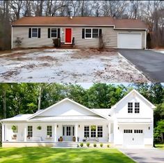 before and after pictures of a white house with red door in the front yard, from top to bottom