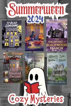 the front cover of cozy mystery books for summerween, with ghost reading in front