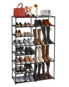 the shoe rack is holding many pairs of shoes