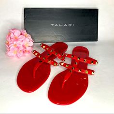 Brand New With Tags Tahari Jelly Rockstud Slide Sandals Red Pvc With Gold Rockstuds Sizes 6(No Box), 6.5, 7(Sold), 7.5, 8(No Box), 8.5(No Box) And 9 Are Available Bundle & Save! Trendy Red Toe Post Sandals, Trendy Red Flat Flip Flops, Red Toe Post Flip Flops For Spring, Trendy Red Jelly Sandals For Beach, Red Synthetic Flip Flops For Summer, Red Jelly Sandals For Summer Party, Trendy Red Sandals For Beach Season, Red Jelly Sandals For Summer Beach, Red Jelly Sandals For Spring Party